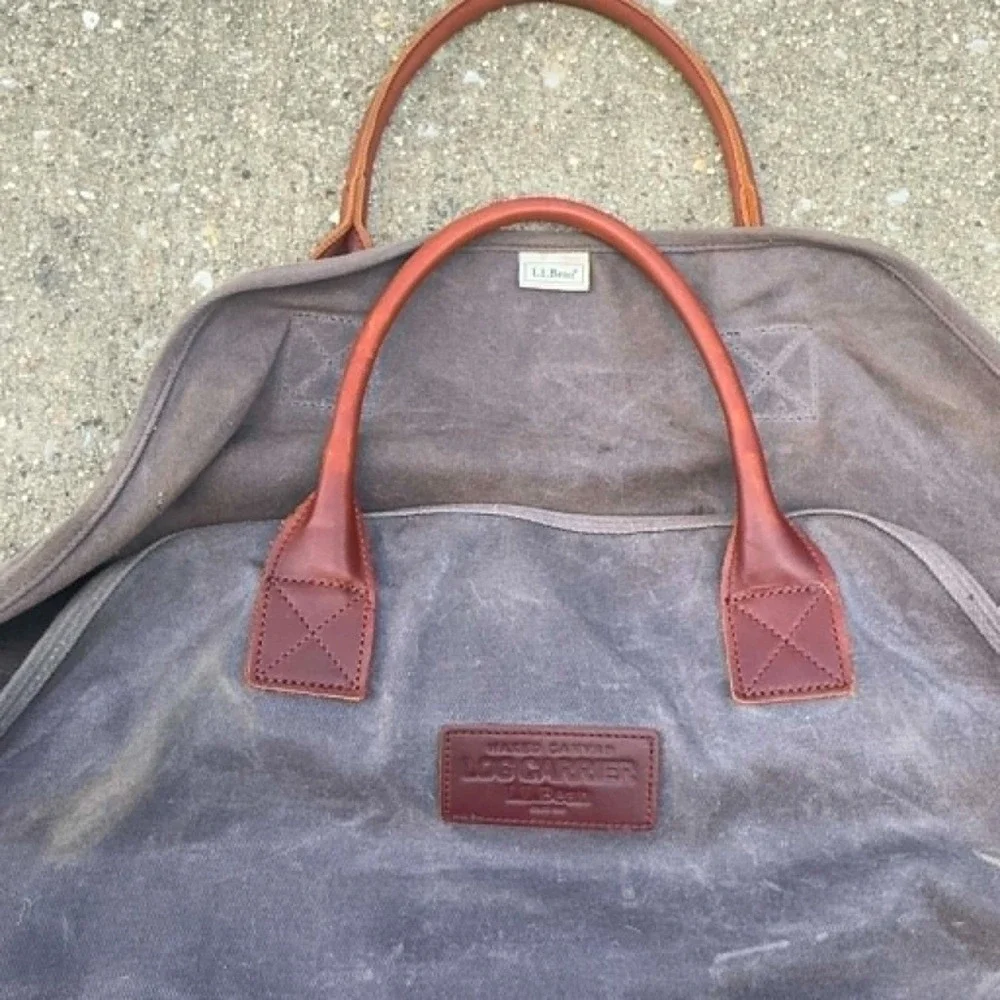 L.L.Bean Waxed Canvas Log Carrier Firewood Tote Leather Handles Brown Wood Carry